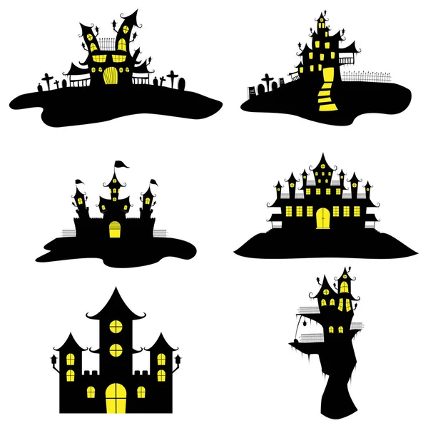 Castillo de Halloween o conjunto de iconos casa — Vector de stock