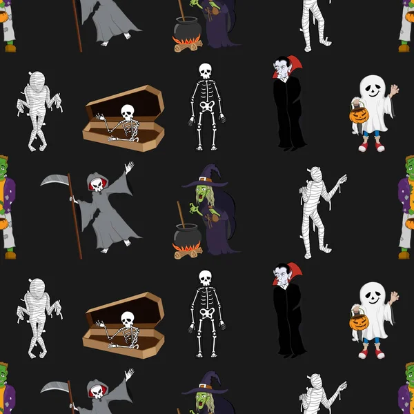 Varratmentes Pattern Halloween karakterek jelmez — Stock Vector