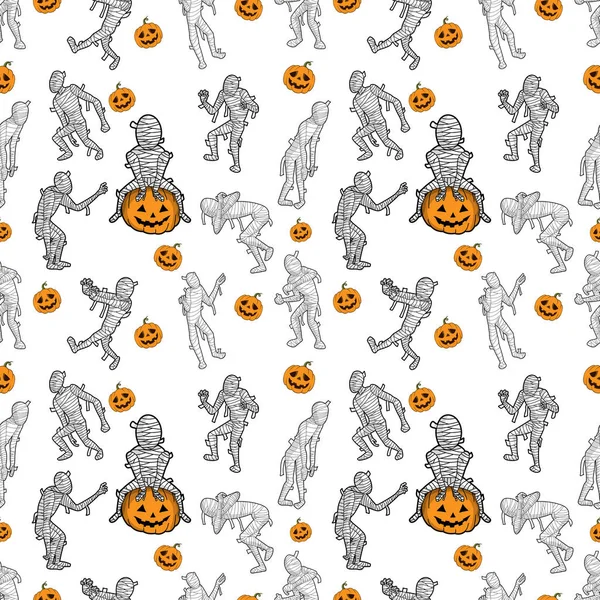 Halloween gruselig Mumie Zeichentrickfigur nahtlose Muster — Stockvektor