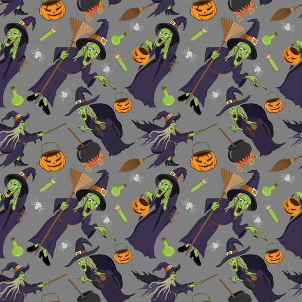 Inconsútil halloween patrones de bruja fondo — Archivo Imágenes Vectoriales