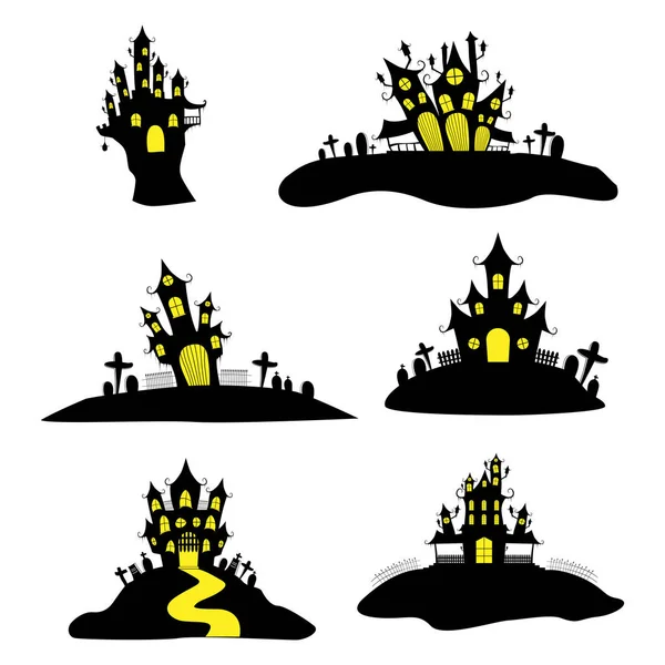 Castillo de Halloween o conjunto de iconos casa — Vector de stock