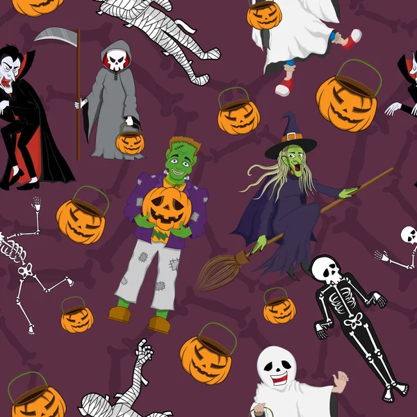 Padrão sem costura com trajes de personagens de Halloween — Vetor de Stock