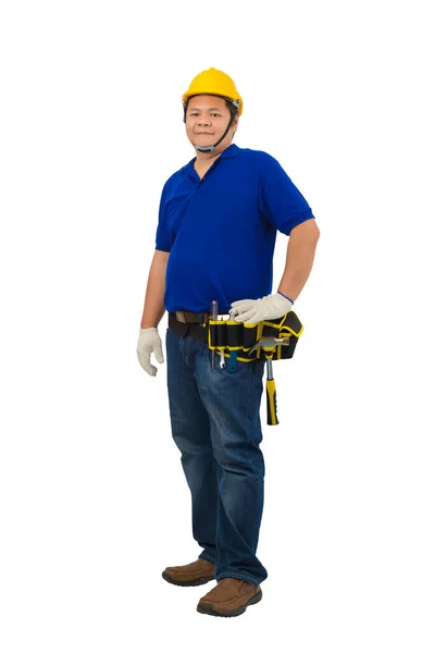 Bouwvakkers Blauw Shirt Met Beschermende Handschoenen Helm Met Gereedschapsriem Geïsoleerd — Stockfoto