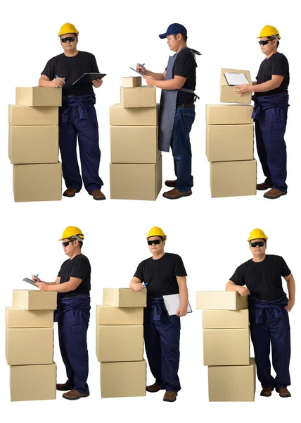 装上头盔 防护手套和安全护目镜的机械式跳高服工人的系列肖像被白色背景隔离开了包裹盒 — 图库照片