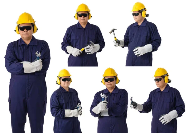机械式跳跃式工作服工人的一组肖像画 手持带头盔 防护手套和白色背景安全护目镜的扳手或工具 — 图库照片