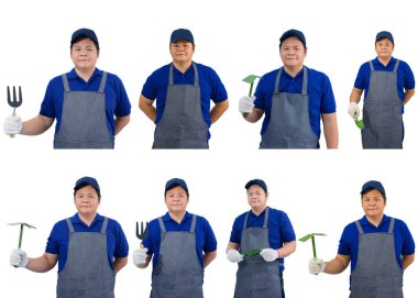 Mavi gömlekli, önlüklü, koruyucu eldivenli, beyaz arka planda izole edilmiş kürekli Asyalı işçi koleksiyonu.