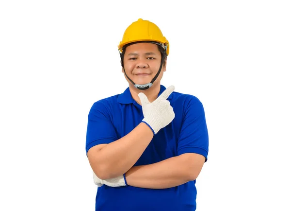 建筑工人身穿蓝色衬衫 戴着防护手套 头戴钢盔 戴着工具带 腰围白色 有剪路 — 图库照片