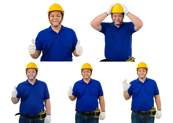 Conjunto Coleta Trabalhadores Homem Construção Camisa Azul Com Luvas Proteção — Fotografia de Stock