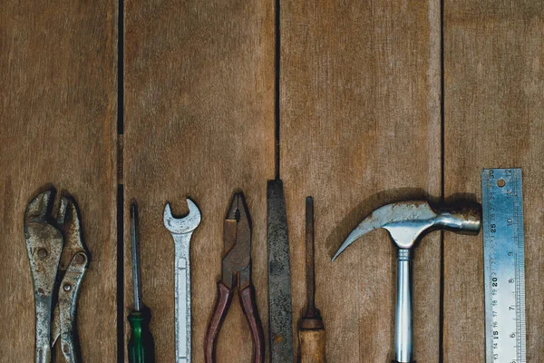 Top View Old Instruments Constructor Renovation Build Repair House Rustic — Stock Photo, Image