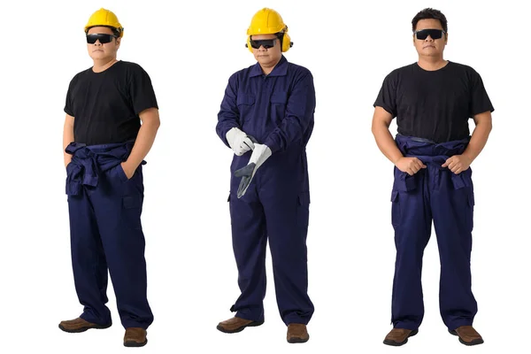 Kollektion Von Ganzkörperporträt Eines Arbeiters Mechanischen Overall Mit Helm Und — Stockfoto