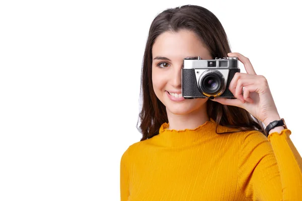 Portrait Young Beautiful Woman Taking Picture Photography Vintage Camera — Stock Photo, Image