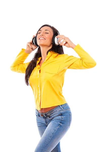 Щаслива Молода Жінка Слухає Музику Стерео Навушниках Закритими Очима Блискучою — стокове фото