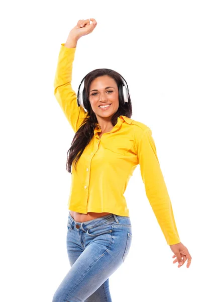 Ευτυχισμένη Γυναίκα Ακούγοντας Μουσική Από Στερεοφωνικά Ακουστικά Και Ένα Αστραφτερό — Φωτογραφία Αρχείου