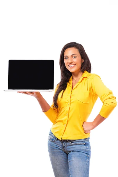 Sexy Attractive Woman Holding Open Handheld Laptop Blank Screen Visible — Stock Photo, Image