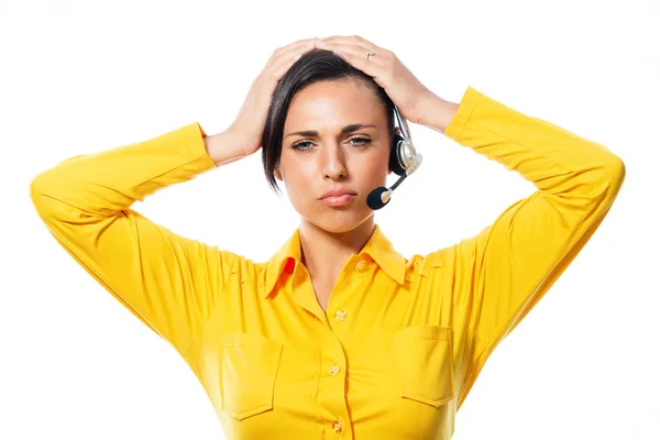 Thoughtful Call Centre Operator Staring Camera Serious Expression Hand Raised — Stock Photo, Image