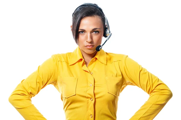 Determined Implacable Call Centre Operator Wearing Headset Standing Hands Hips — Stock Photo, Image