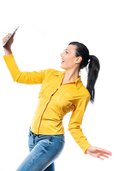 Happy Young Woman Taking Selfie Mobile Phone Tablet Posing Camera — Stock Photo, Image