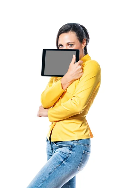 Smiling Friendly Young Woman Holding Blank Tablet Copy Space Upper — Stock Photo, Image