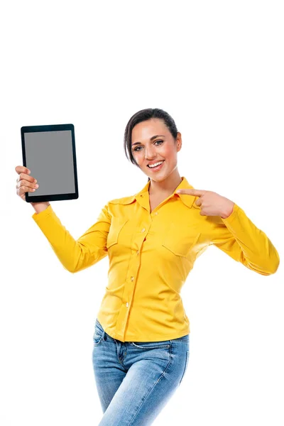 Seksowna Atrakcyjna Kobieta Wskazując Tablet Pustego Ekranu Widoczne Podglądzie Białym — Zdjęcie stockowe