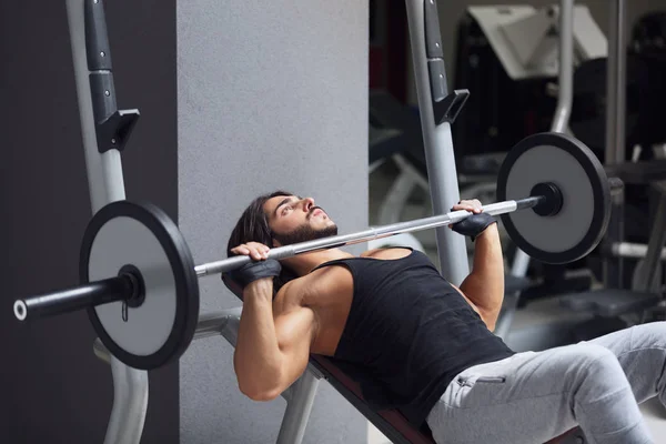 Weightlifter Bodybuilder Lying Bench Lifting Barbell Weight Gym Training Healthy — Stock Photo, Image