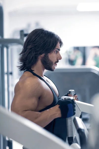 Side View Muscular Adult Man Pulling Metal Lever Obscured Blurry — Stock Photo, Image