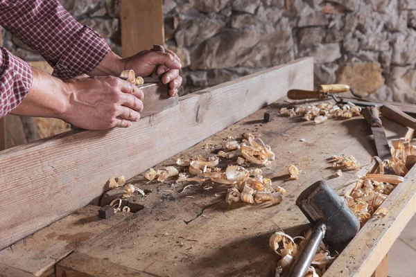 Hand Plane Being Used Camera Carpenter Wearing Plaid Shirt Smooth — Stock Photo, Image