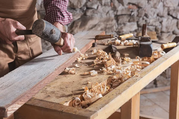 Adult Male Woodworker Wearing Plaid Shirt Overalls Using Chisel Mallet — Stock Photo, Image