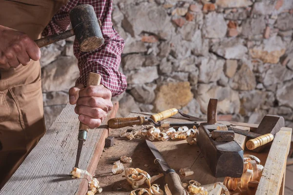 Adult Male Woodworker Wearing Plaid Shirt Overalls Using Chisel Mallet — Stock Photo, Image