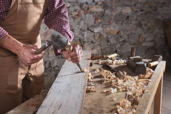 Adult Male Woodworker Wearing Plaid Shirt Overalls Using Chisel Mallet — Stock Photo, Image