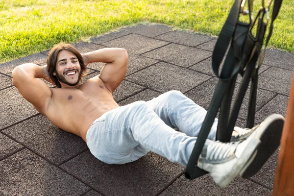 High Angle View Smiling Young Man Exercising Crunches Abdominal Muscles — Stock Photo, Image