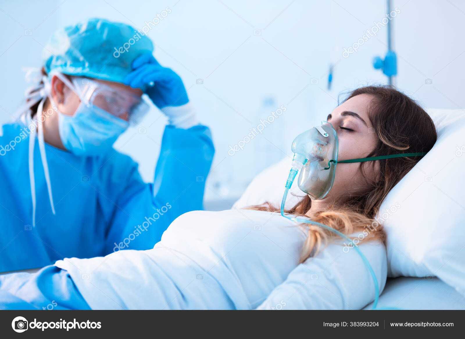 Dramatic Side View Young Female Patient Breathing Assisted Respiratory