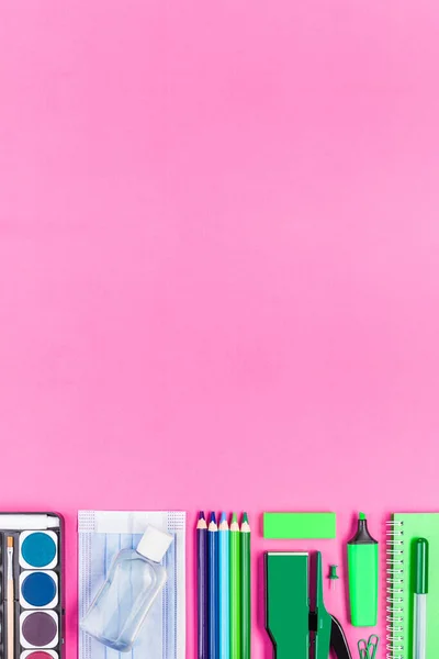Office School Stationary Pink Paper Background Copy Space Top View Stock Picture
