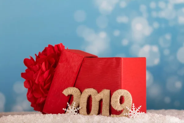Velké Červené Krabice Mašlí Dárky Nápis 2019 Nový Rok Sníh — Stock fotografie