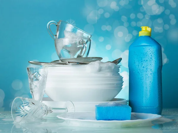 Bulaşık Yıkama Işlemi Sabun Köpüğü Yemekleri Temiz Bulaşıkları Yıkamak — Stok fotoğraf