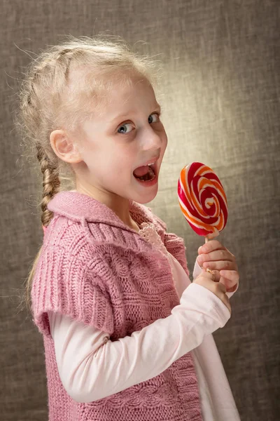 Cute Beautiful Blonde Little Girl Holding Lollipop Bright Portrait — Stock Photo, Image