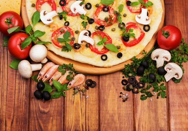 Top View Delicious Pizza Shrimp Capers Boards — Stock Photo, Image