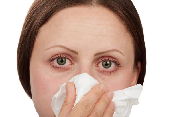 Ragazza Faccia Primo Piano Con Sintomi Allergici Isolati Sfondo Bianco — Foto Stock