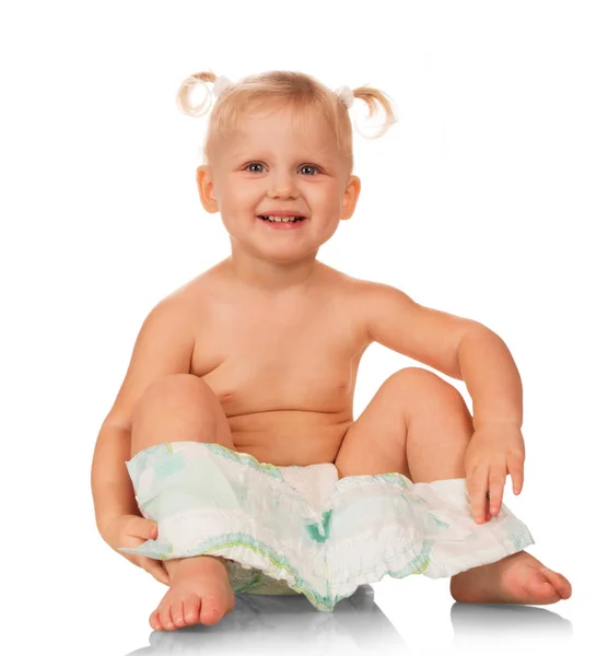 Szczęśliwy Roześmiany Mała Dziewczynka Jednorazowych Pieluszek Białym Tle — Zdjęcie stockowe