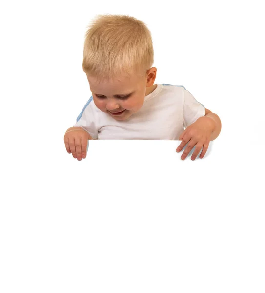 Malý Chlapec Přes Prázdný Nápis Izolovaných Bílém Pozadí — Stock fotografie
