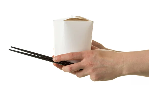 Chinese Noodles Wok Cardboard Box Hand Holding Chopsticks Isolated White — Stock Photo, Image