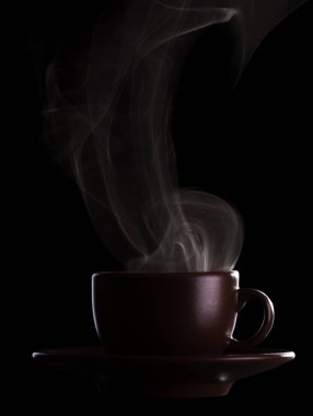 Siluet kahve fincan ile fincan tabağı ve sıcak buhar üzerinde bla izole