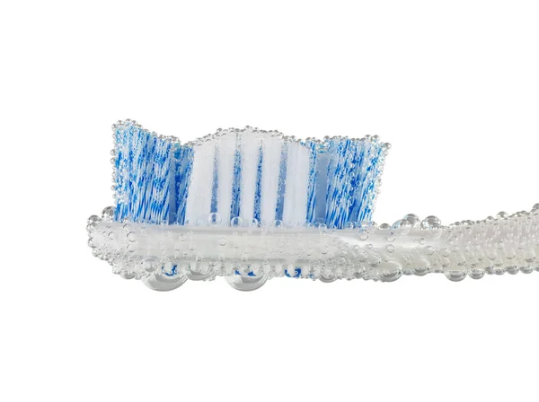 Toothbrush in bubbles of air isolated on white background. Concept of fresh breath. — Stock Photo, Image