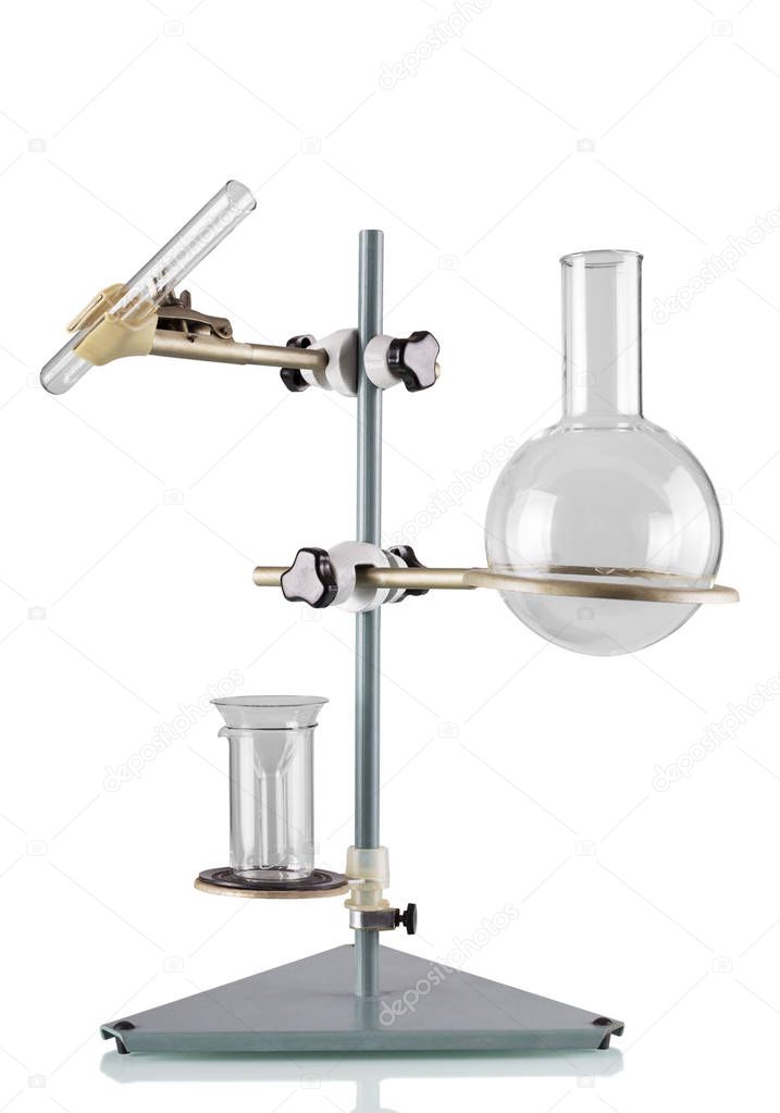 Chemical tripod foot with test tube, round bottom laboratory flask, glass, isolated on white background