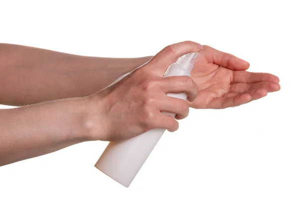 Womans Hands Treatment Sanitizer Closeup Isolated White — Stock Photo, Image