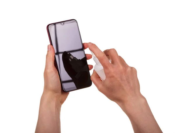 Ženské Ruce Zpracovávají Displej Smartphonu Hygienizreom Snímek Zblízka Izolované Bílém — Stock fotografie