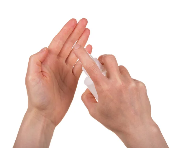 Female Hand Sprays Another Spray Sanitizer Shot Close Isolated White — Stock Photo, Image