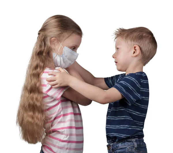 Coronavirus Protection Concept Little Boy Puts Mask His Sister Isolated — Stock Photo, Image