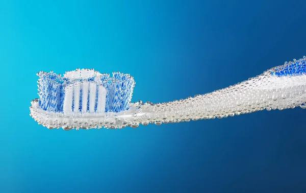Freshness Concept Brushing Teeth Toothbrush Air Bubbles Blue Background — Stock Photo, Image