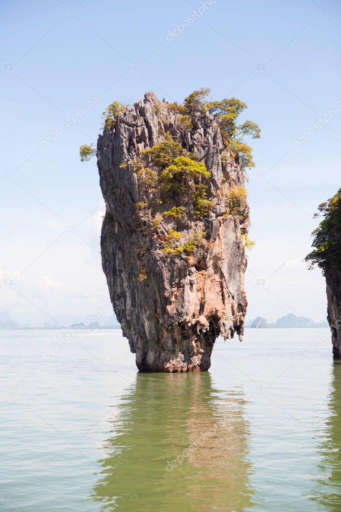 James Bond Island in Thailand. A cliff in the middle of the sea.