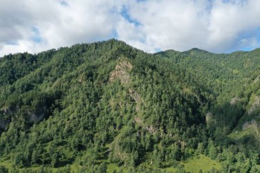 Altay Cumhuriyeti dağları, Kemal ilçesi, Yelanda köyü yakınlarında, yaz ayı Ağustos, akşam